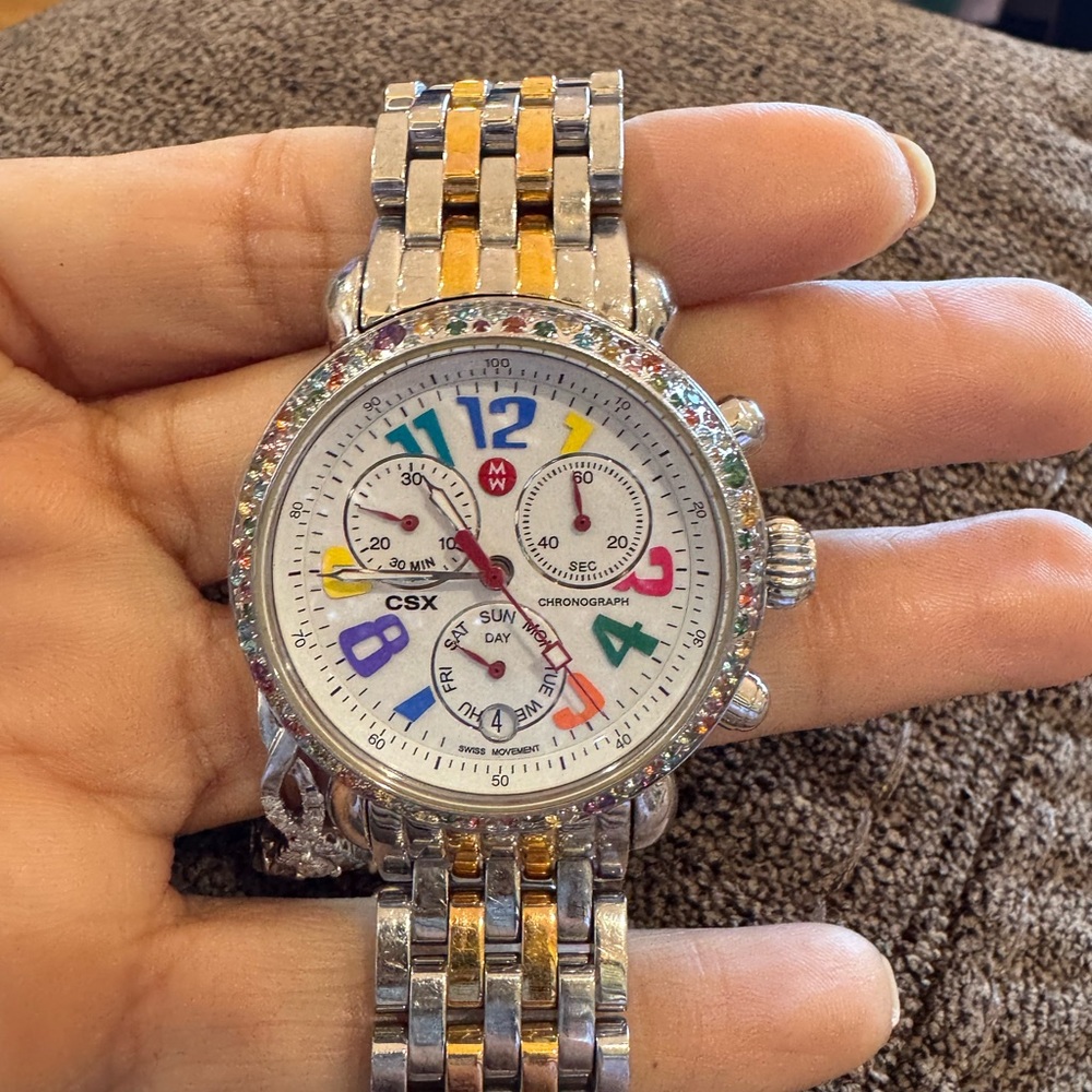 Michele CSX Chronograph Watch Multicolor Gemstone Bezel 1.50 CT Swiss Two-Tone - Picture 3 of 16